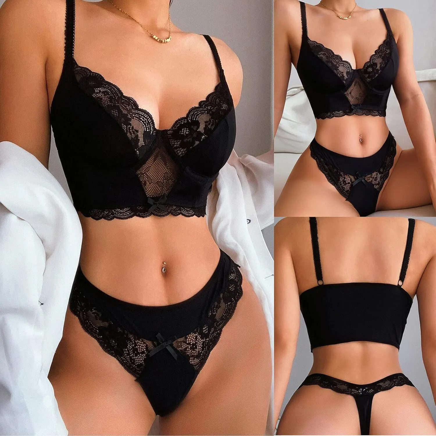 2 Piece Lingerie Set for Women Lace Sheer Mesh Matching Bra and Panty Sets Push up Sexy Bralette Outfits