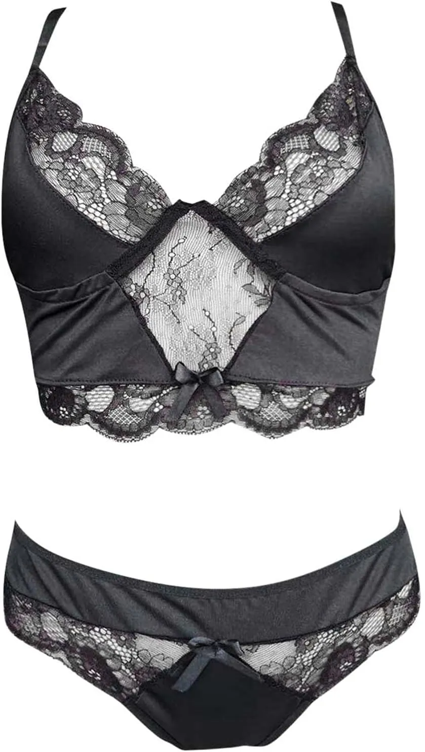 2 Piece Lingerie Set for Women Lace Sheer Mesh Matching Bra and Panty Sets Push up Sexy Bralette Outfits