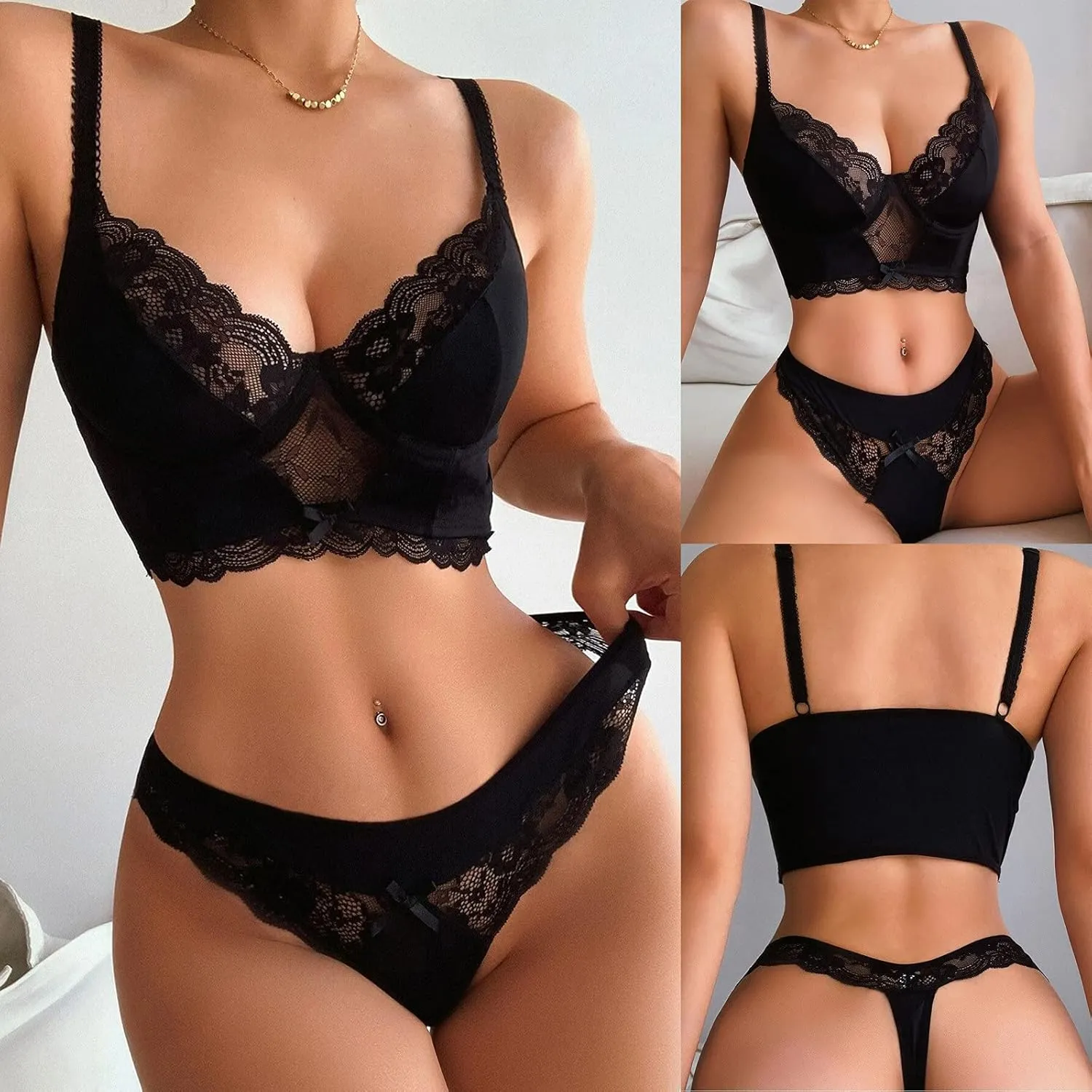 2 Piece Lingerie Set for Women Lace Sheer Mesh Matching Bra and Panty Sets Push up Sexy Bralette Outfits
