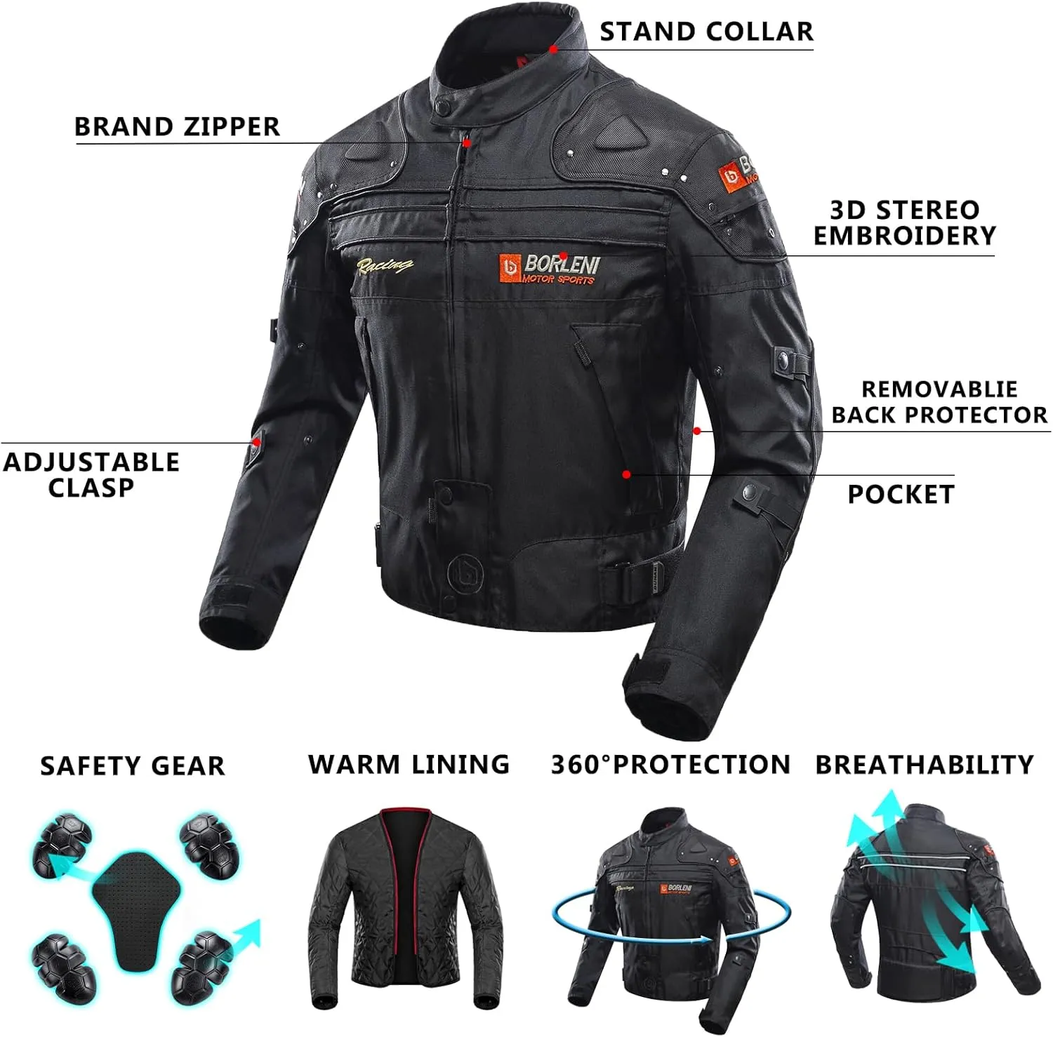 BORLENI Motorcycle Jacket Motorbike Riding Jacket Windproof Motorcycle Full Body Protective Gear CE Armor All Season