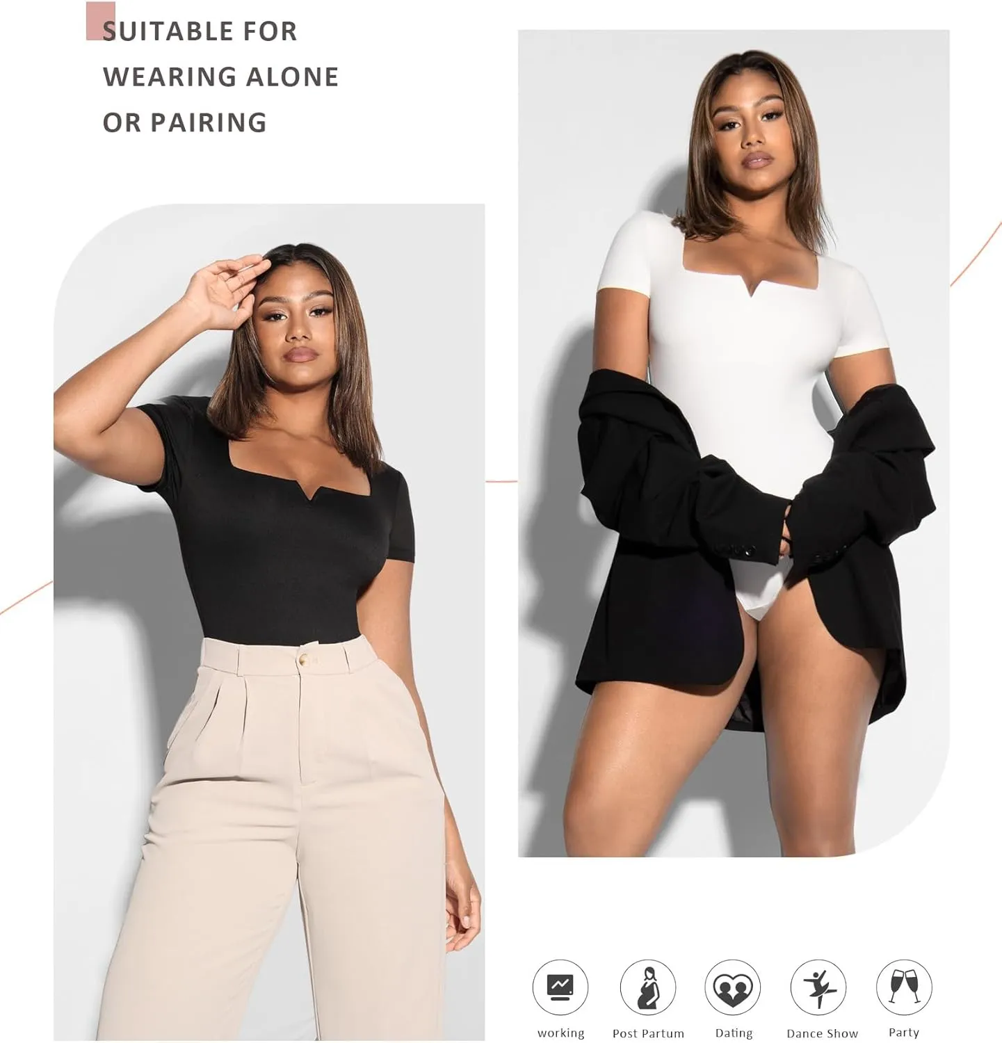 FeelinGirl Square Neck Bodysuit for Women Short Sleeve Tummy Control Slimming Bodysuit Going Out Tank Tops