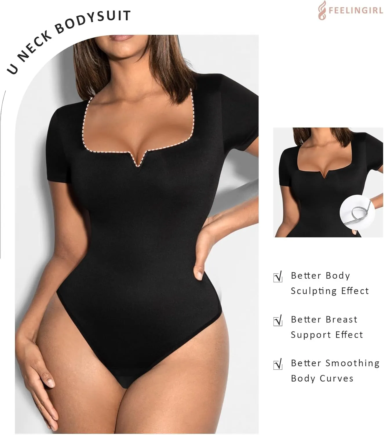 FeelinGirl Square Neck Bodysuit for Women Short Sleeve Tummy Control Slimming Bodysuit Going Out Tank Tops
