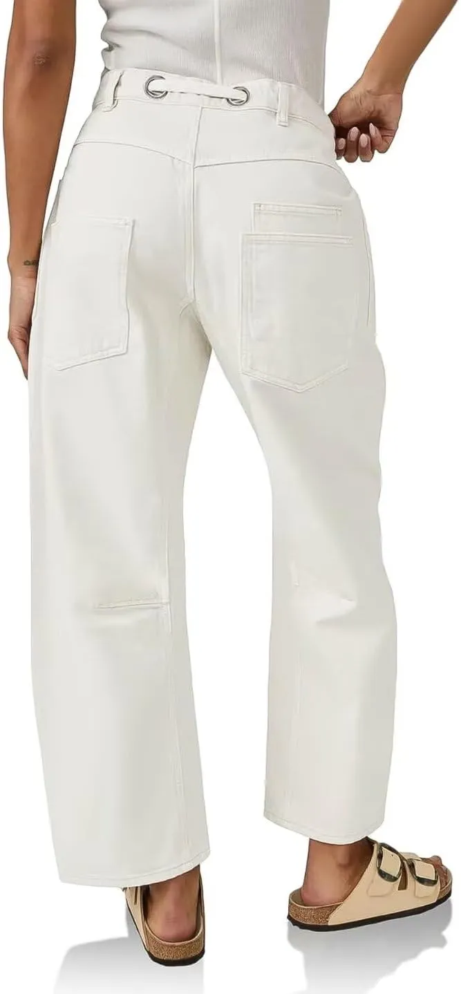 Flamingals Wide Leg Mid Waist Causal Baggy Barrel Jeans for Women Drawstring Eyelet Waist Denim Pants