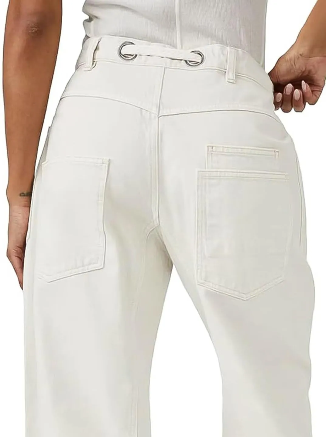 Flamingals Wide Leg Mid Waist Causal Baggy Barrel Jeans for Women Drawstring Eyelet Waist Denim Pants
