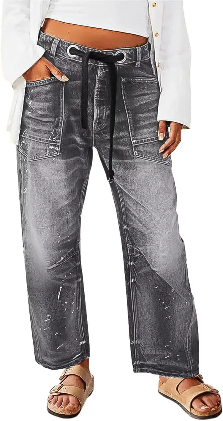 Flamingals Wide Leg Mid Waist Causal Baggy Barrel Jeans for Women Drawstring Eyelet Waist Denim Pants