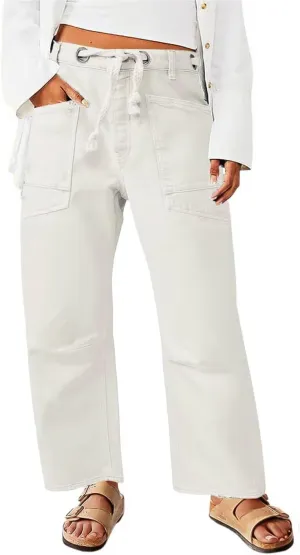 Flamingals Wide Leg Mid Waist Causal Baggy Barrel Jeans for Women Drawstring Eyelet Waist Denim Pants