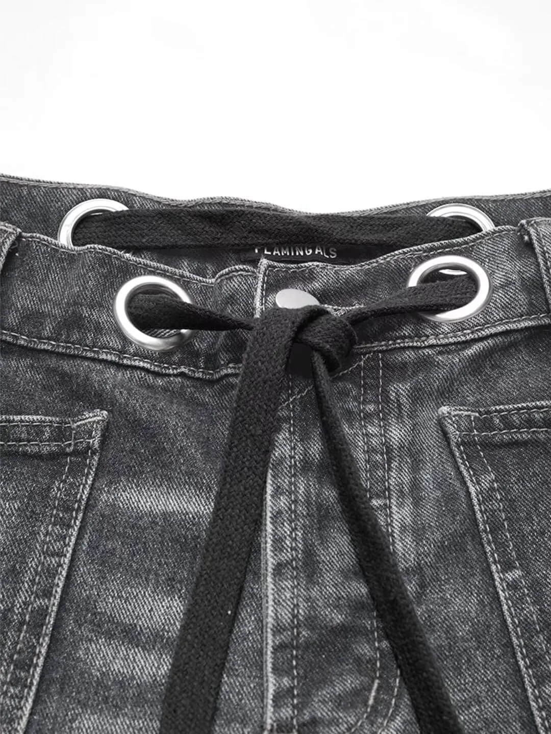 Flamingals Wide Leg Mid Waist Causal Baggy Barrel Jeans for Women Drawstring Eyelet Waist Denim Pants