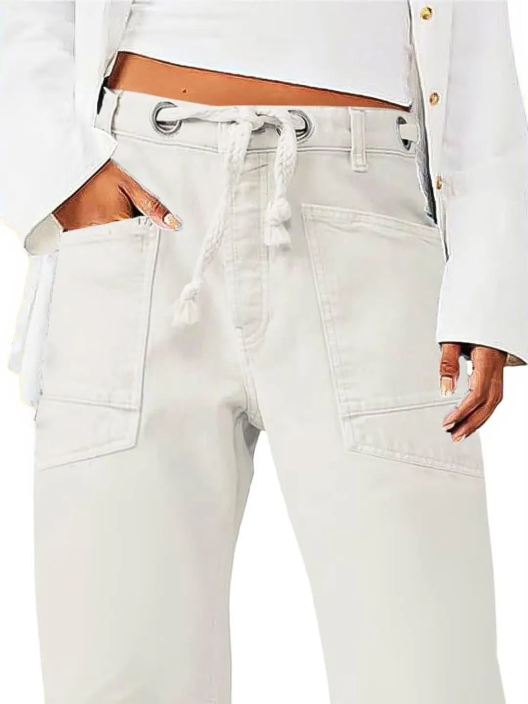 Flamingals Wide Leg Mid Waist Causal Baggy Barrel Jeans for Women Drawstring Eyelet Waist Denim Pants