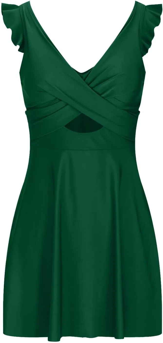 NATHGAM One Piece Swimsuit Women Wrap Vneck Tummy Control Swimsuits Cutout Ruffle Pleated Skirt Bathing Suit 1 Piece Swimwear