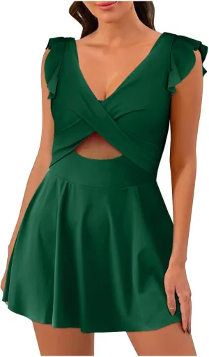 NATHGAM One Piece Swimsuit Women Wrap Vneck Tummy Control Swimsuits Cutout Ruffle Pleated Skirt Bathing Suit 1 Piece Swimwear