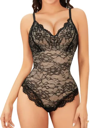 Vorcy Lace Bodysuit for Women Tummy Control Backless Top V-Neck Shapewear Bodysuit