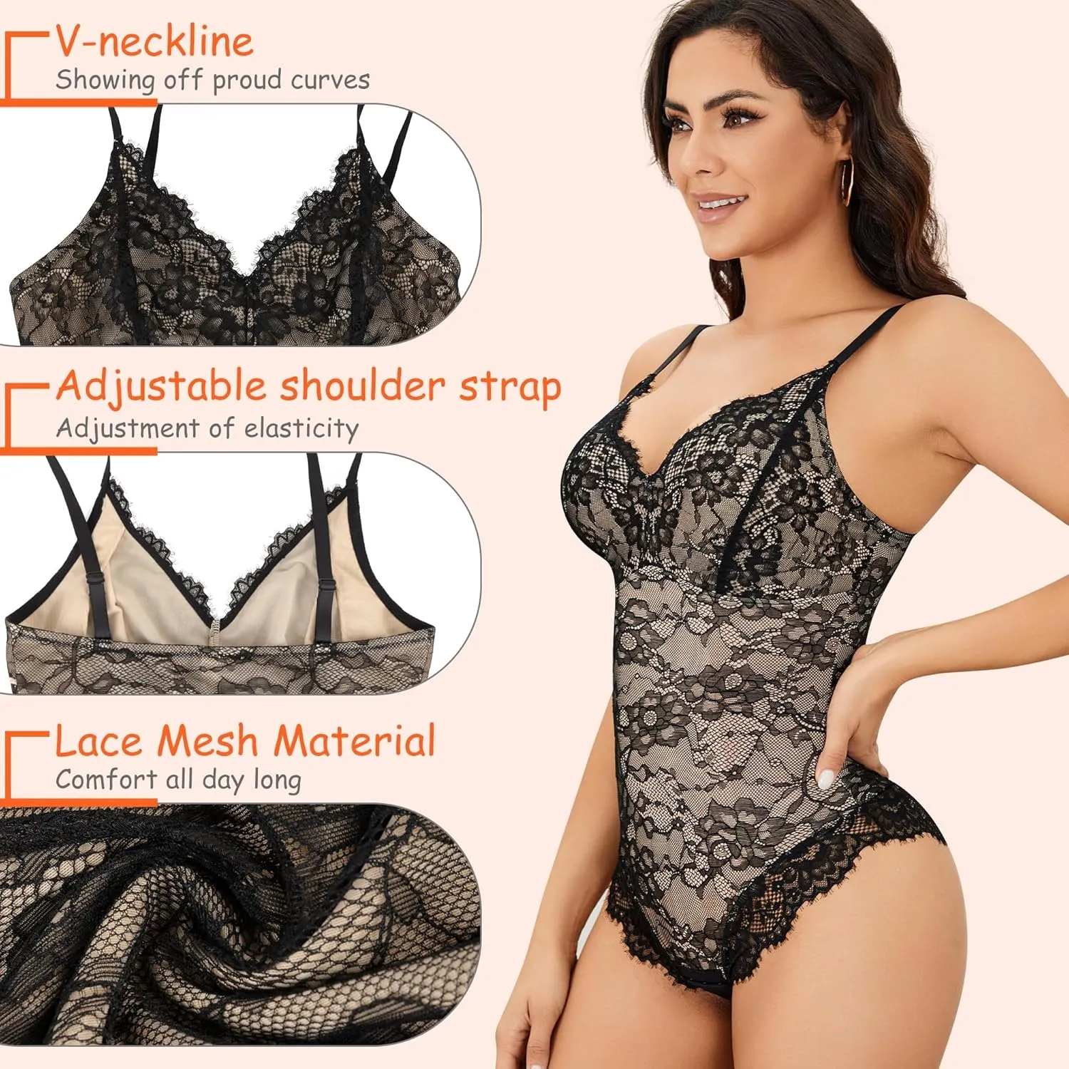 Vorcy Lace Bodysuit for Women Tummy Control Backless Top V-Neck Shapewear Bodysuit