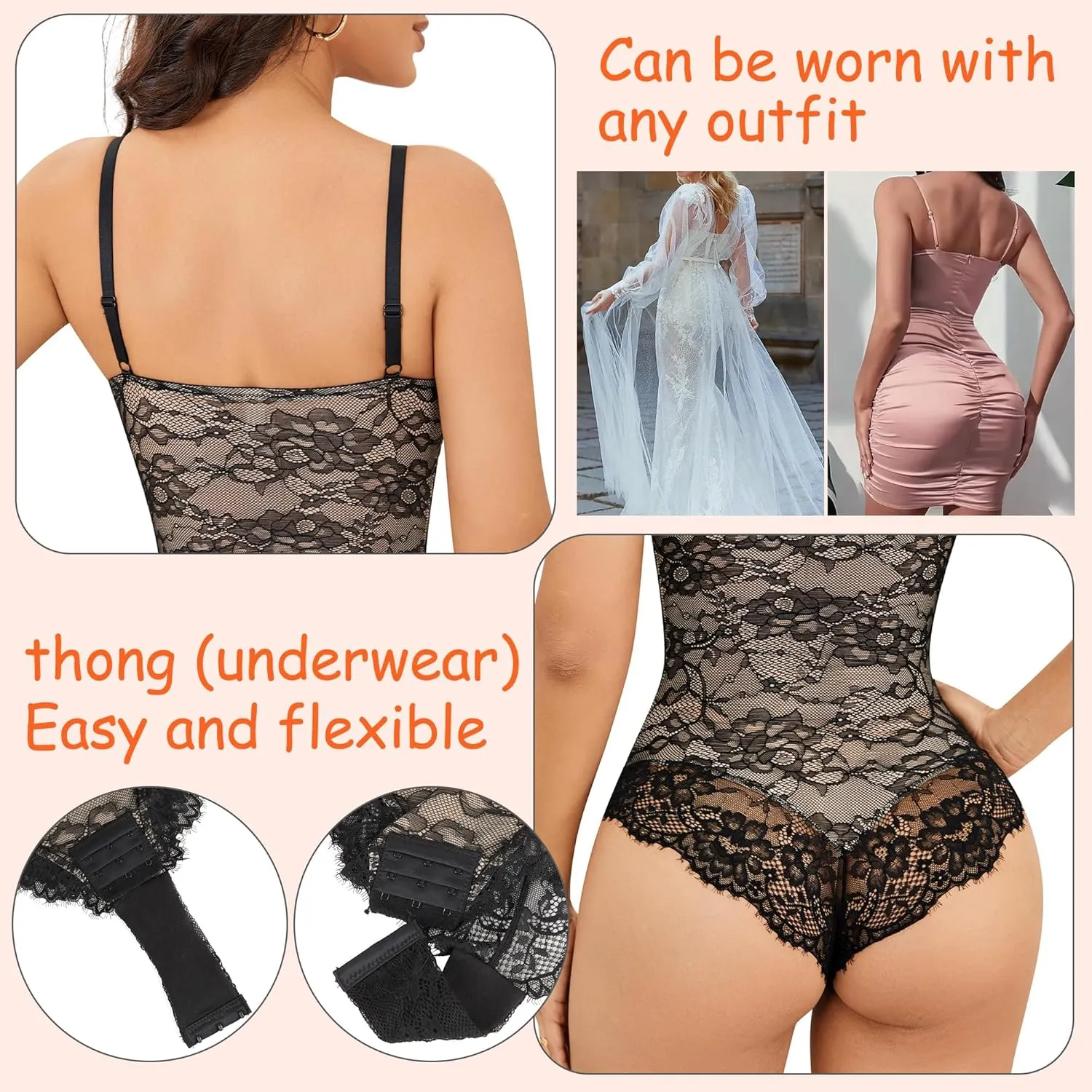 Vorcy Lace Bodysuit for Women Tummy Control Backless Top V-Neck Shapewear Bodysuit