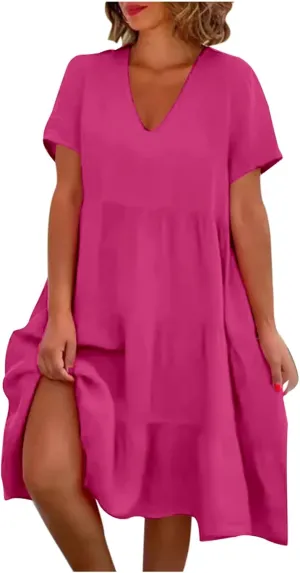 Wedding Guest Dresses for Women 2025 V Neck Short Sleeve Short Dress Tiered Mini Dresses Casual Beach Sundress