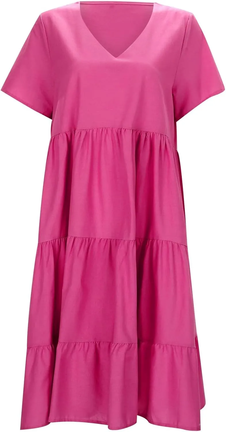 Wedding Guest Dresses for Women 2025 V Neck Short Sleeve Short Dress Tiered Mini Dresses Casual Beach Sundress