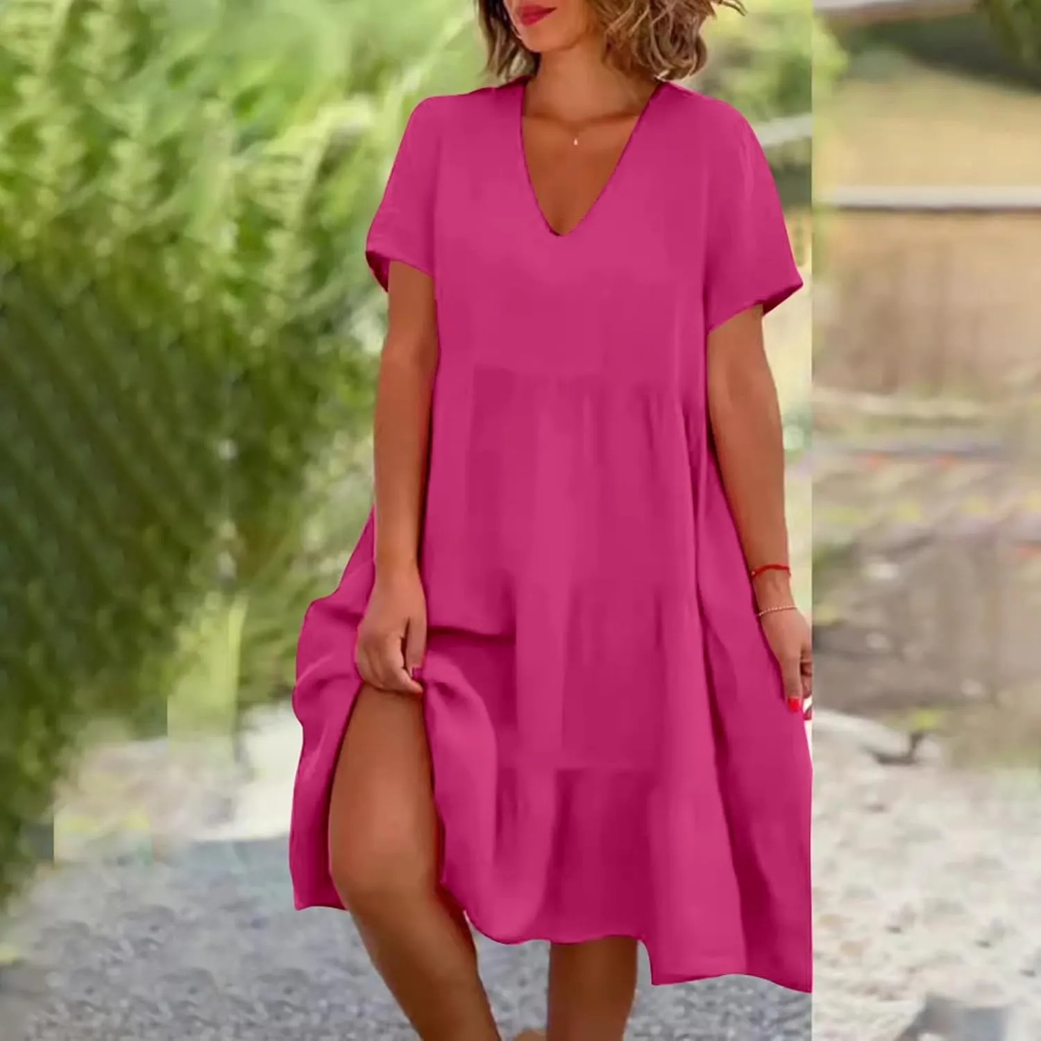 Wedding Guest Dresses for Women 2025 V Neck Short Sleeve Short Dress Tiered Mini Dresses Casual Beach Sundress