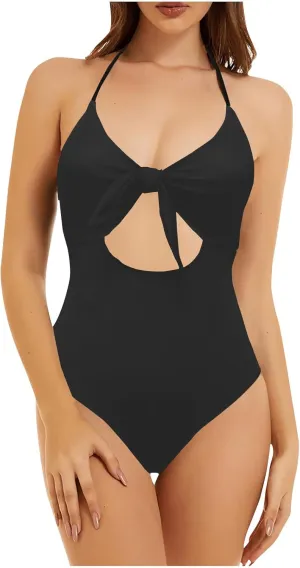 Women Halter One Piece Swimsuit Cutout Tummy Control Swimsuits Knot Front High Waisted Bathing Suit Slimming Swimwear