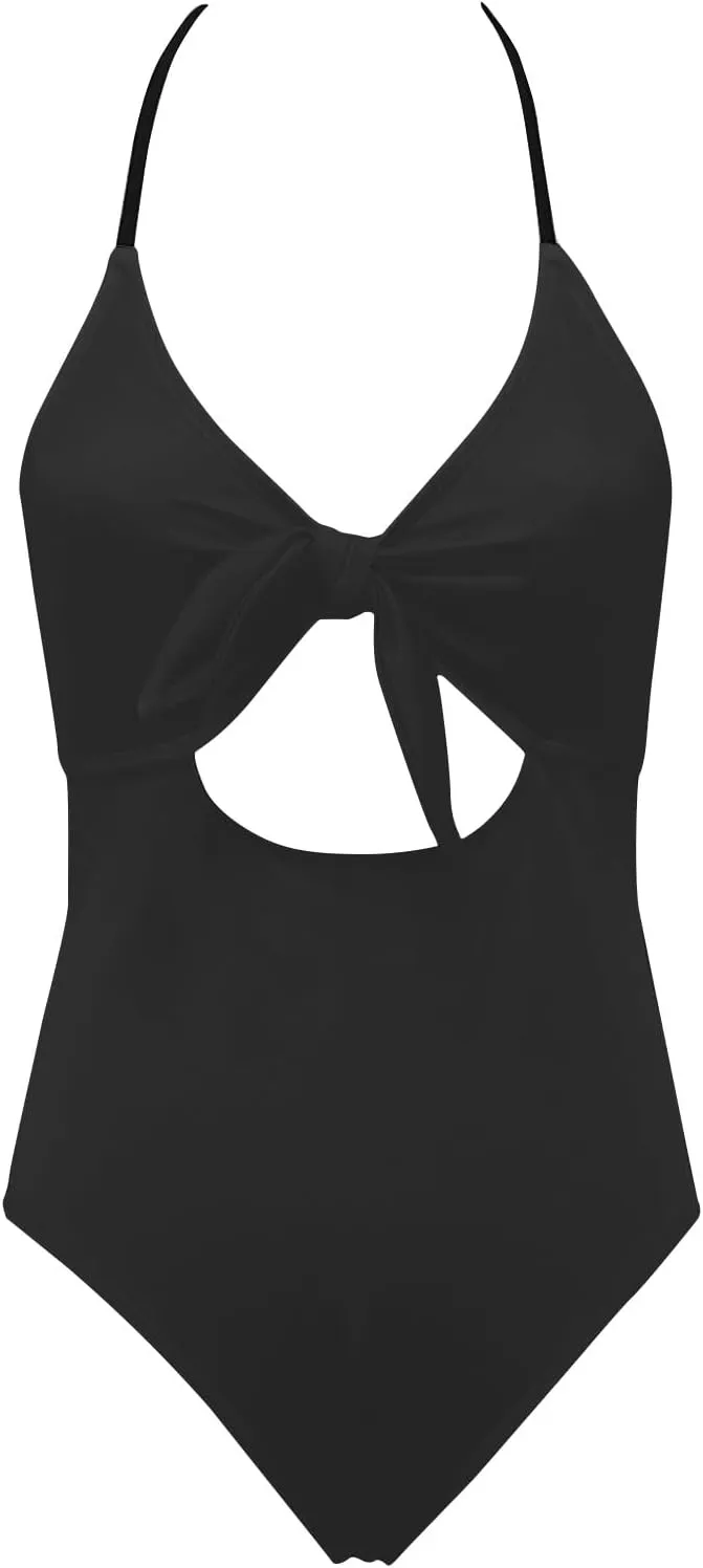 Women Halter One Piece Swimsuit Cutout Tummy Control Swimsuits Knot Front High Waisted Bathing Suit Slimming Swimwear
