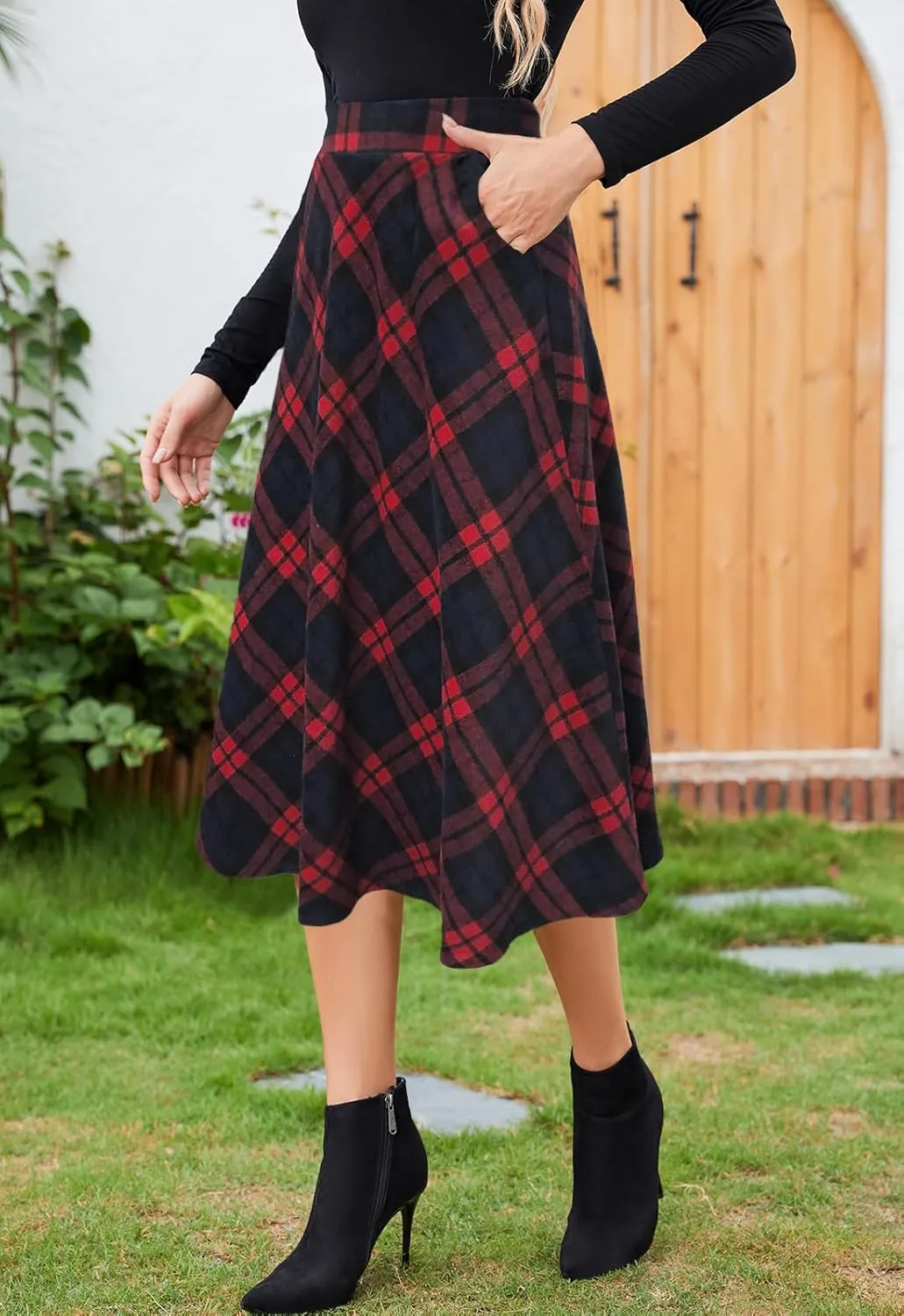 Women’s High Waist Casual Pleated A-line Midi Skirt Elastic Waist with Pocket for Women