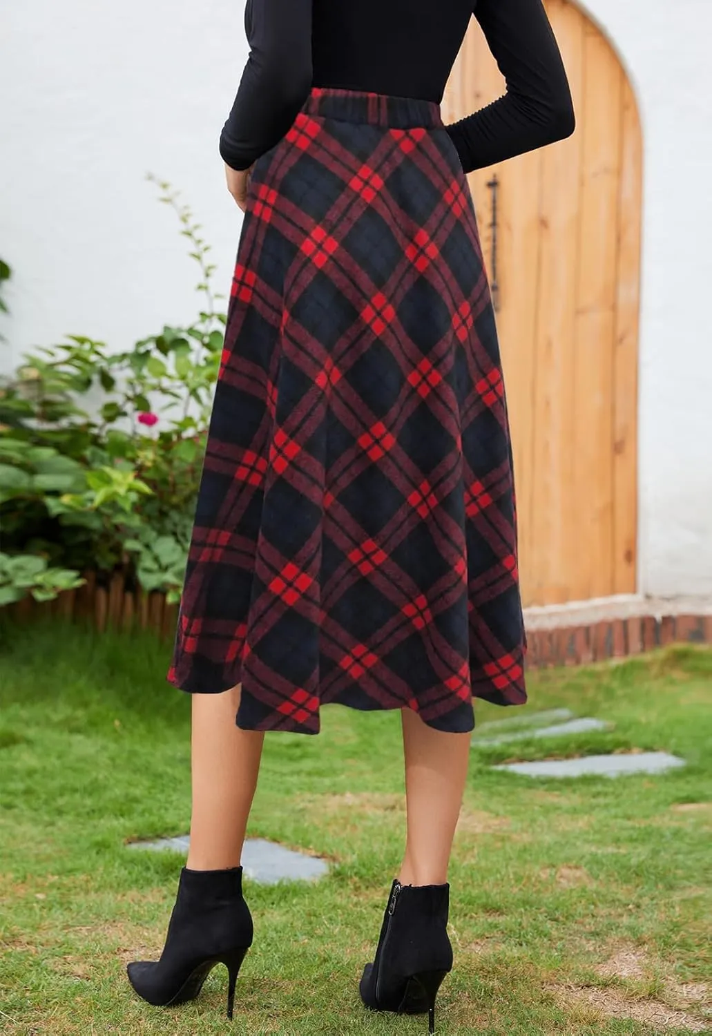 Women’s High Waist Casual Pleated A-line Midi Skirt Elastic Waist with Pocket for Women