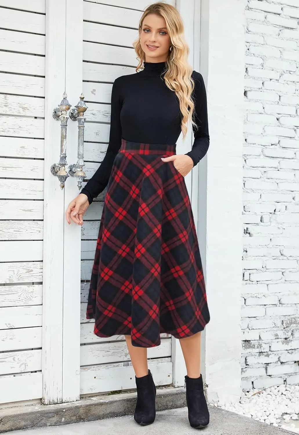 Women’s High Waist Casual Pleated A-line Midi Skirt Elastic Waist with Pocket for Women
