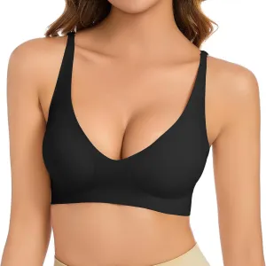 Women's Seamless Plunge Bra Deep V-Neck Wireless Comfort Bra Unlined Triangle Sporty Bras Bralettes for Ladies