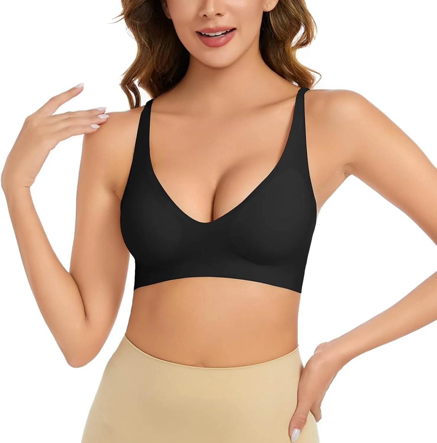Women's Seamless Plunge Bra Deep V-Neck Wireless Comfort Bra Unlined Triangle Sporty Bras Bralettes for Ladies