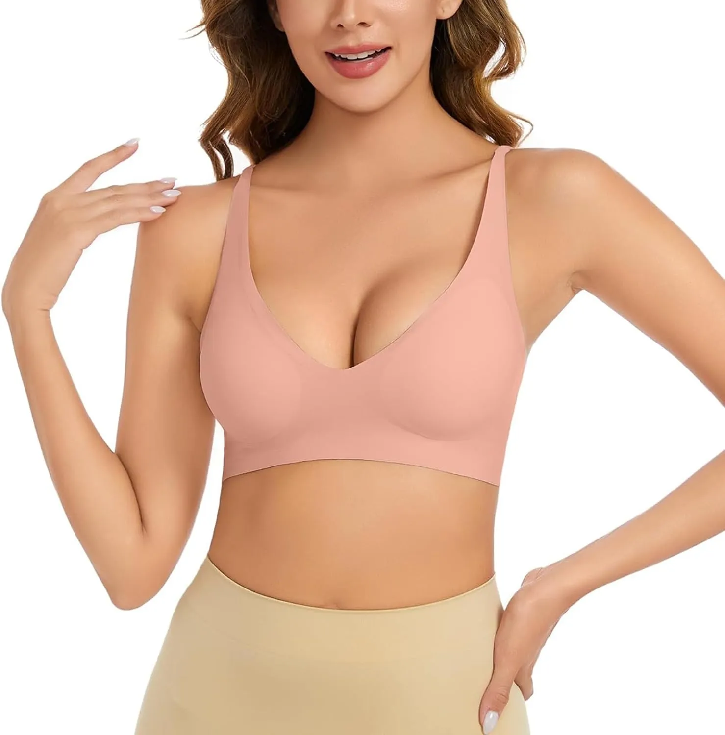 Women's Seamless Plunge Bra Deep V-Neck Wireless Comfort Bra Unlined Triangle Sporty Bras Bralettes for Ladies