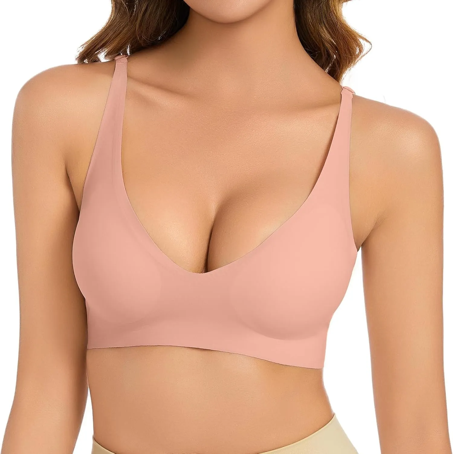 Women's Seamless Plunge Bra Deep V-Neck Wireless Comfort Bra Unlined Triangle Sporty Bras Bralettes for Ladies