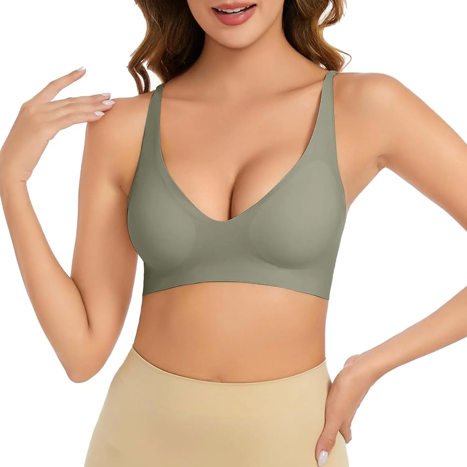 Women's Seamless Plunge Bra Deep V-Neck Wireless Comfort Bra Unlined Triangle Sporty Bras Bralettes for Ladies