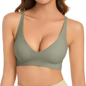 Women's Seamless Plunge Bra Deep V-Neck Wireless Comfort Bra Unlined Triangle Sporty Bras Bralettes for Ladies