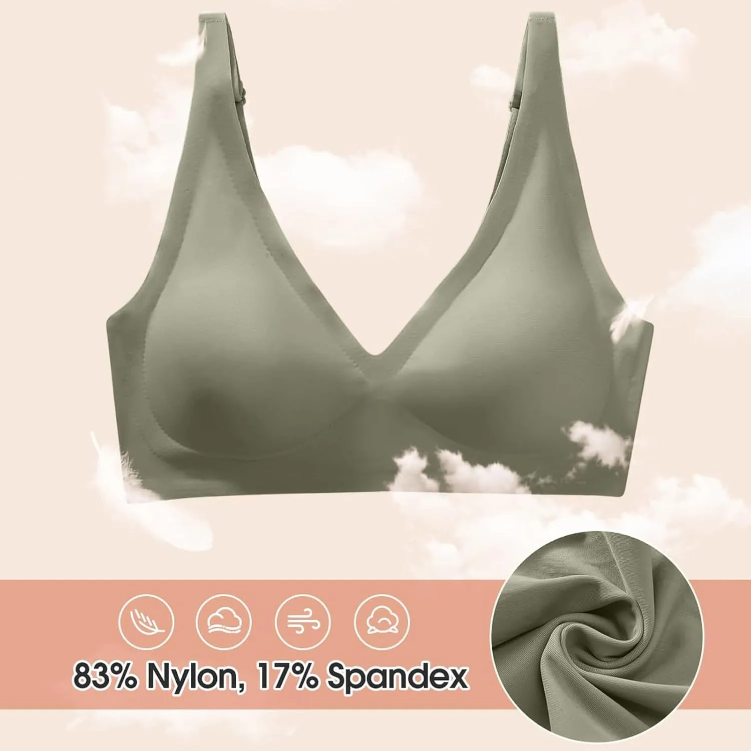 Women's Seamless Plunge Bra Deep V-Neck Wireless Comfort Bra Unlined Triangle Sporty Bras Bralettes for Ladies