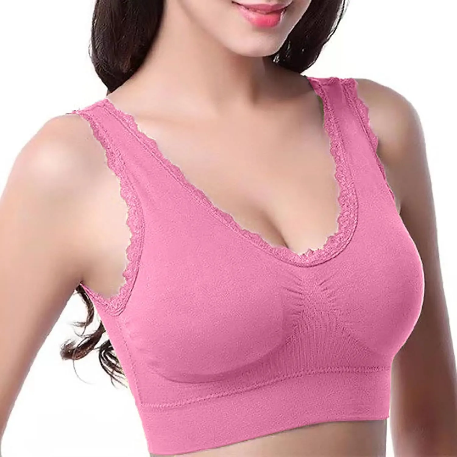 Womens Sports Bras With Support And Lift Sexy Lace Trim Wireless Yoga Workout Bras Comfortable V Neck Vest Bralettes